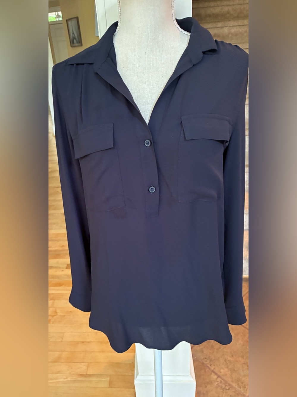 Ann Taylor Dark Navy Long-Sleeve Utility Blouse